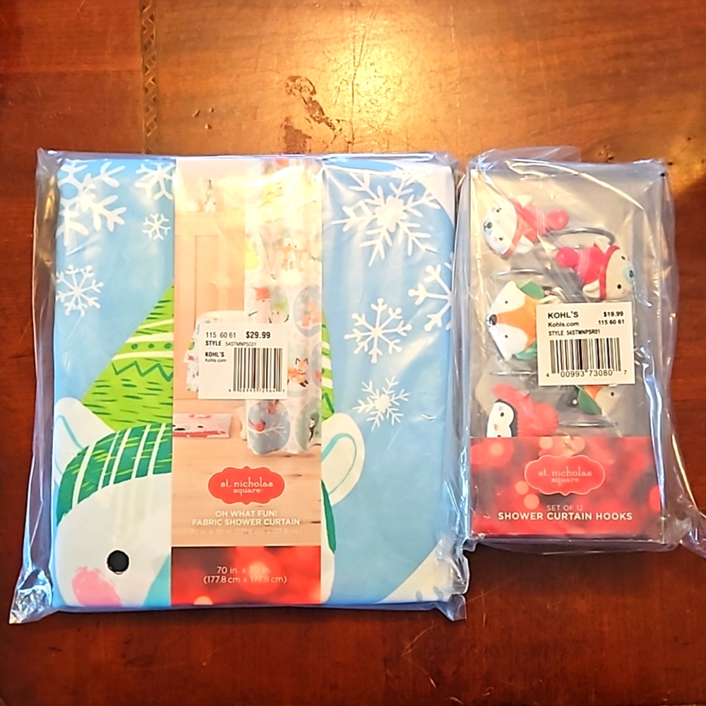 Oh What Fun! Fabric Winter Themed Shower Curtain & Shower Curtain Hooks